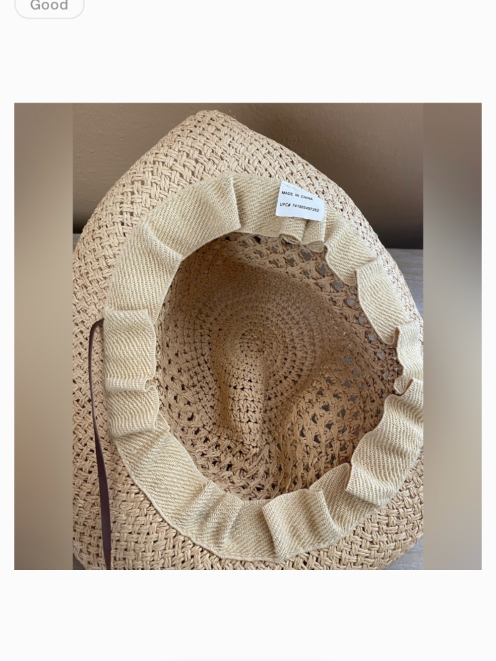 Women’s straw woven beachy cowboy hat turquoise detailing in center, chin strap - Picture 4 of 5